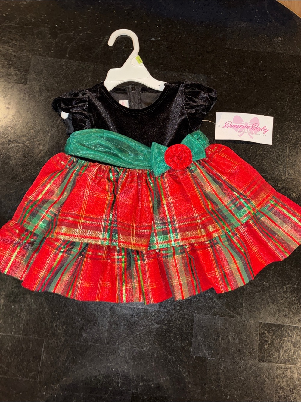 NWT Bonnie Baby Black, Red & Green Holiday Plaid Dress Sz 3-6 Months